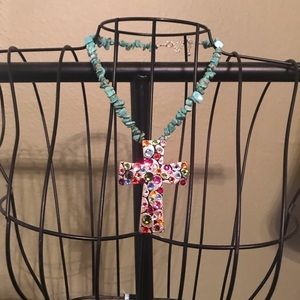 Turquoise  & rhinestone silver cross necklace